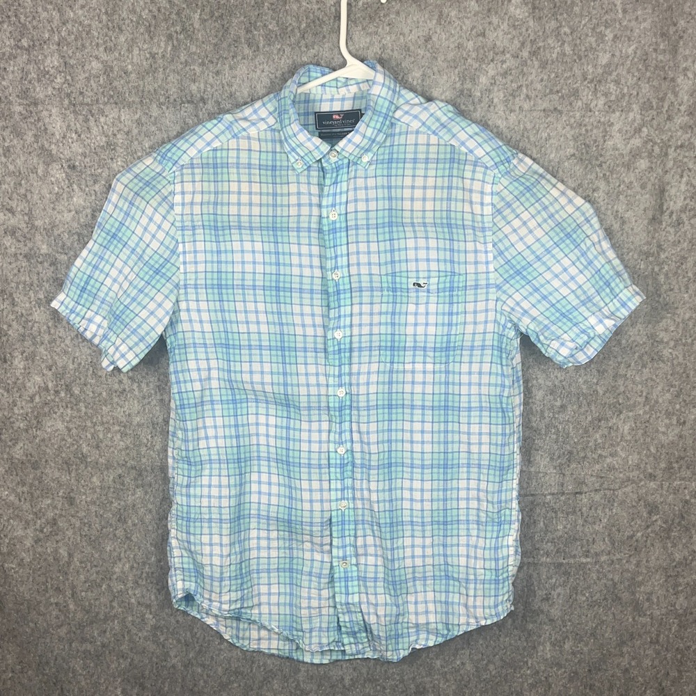 Vineyard Vines Men's Classic Fit Tucker Linen Blue Plaid SS Shirt - Sz Medium